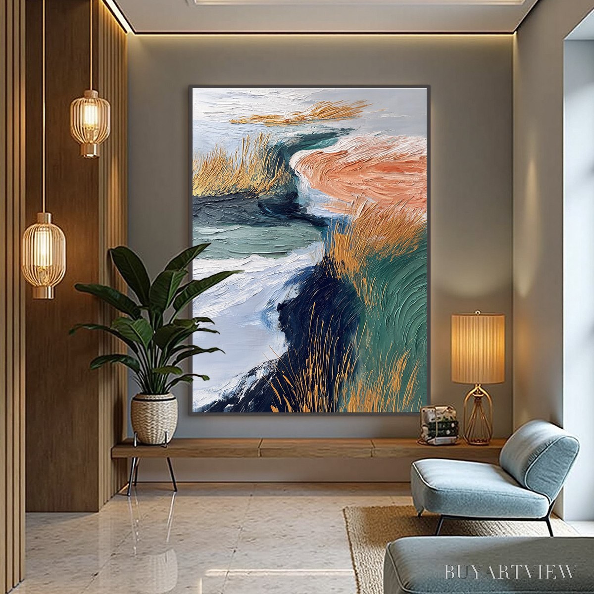 BUYARTVIEW Golden Estuary – Textured Abstract River Landscape Painting - image 4