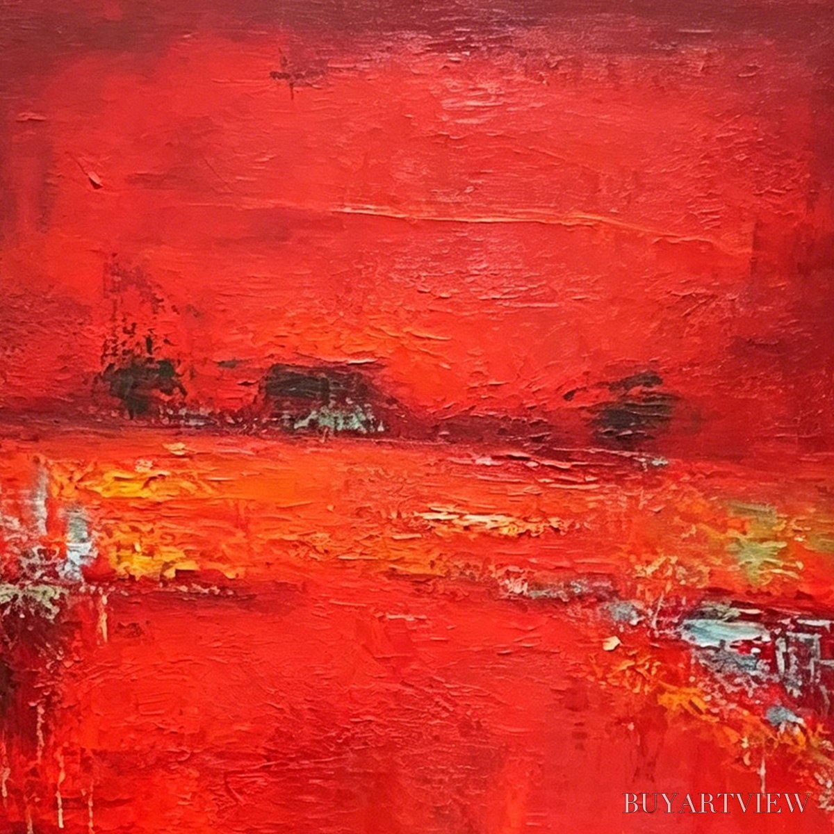 BUYARTVIEW Scarlet Horizon – Large Vertical Red Abstract Textured Oil Painting - image 3
