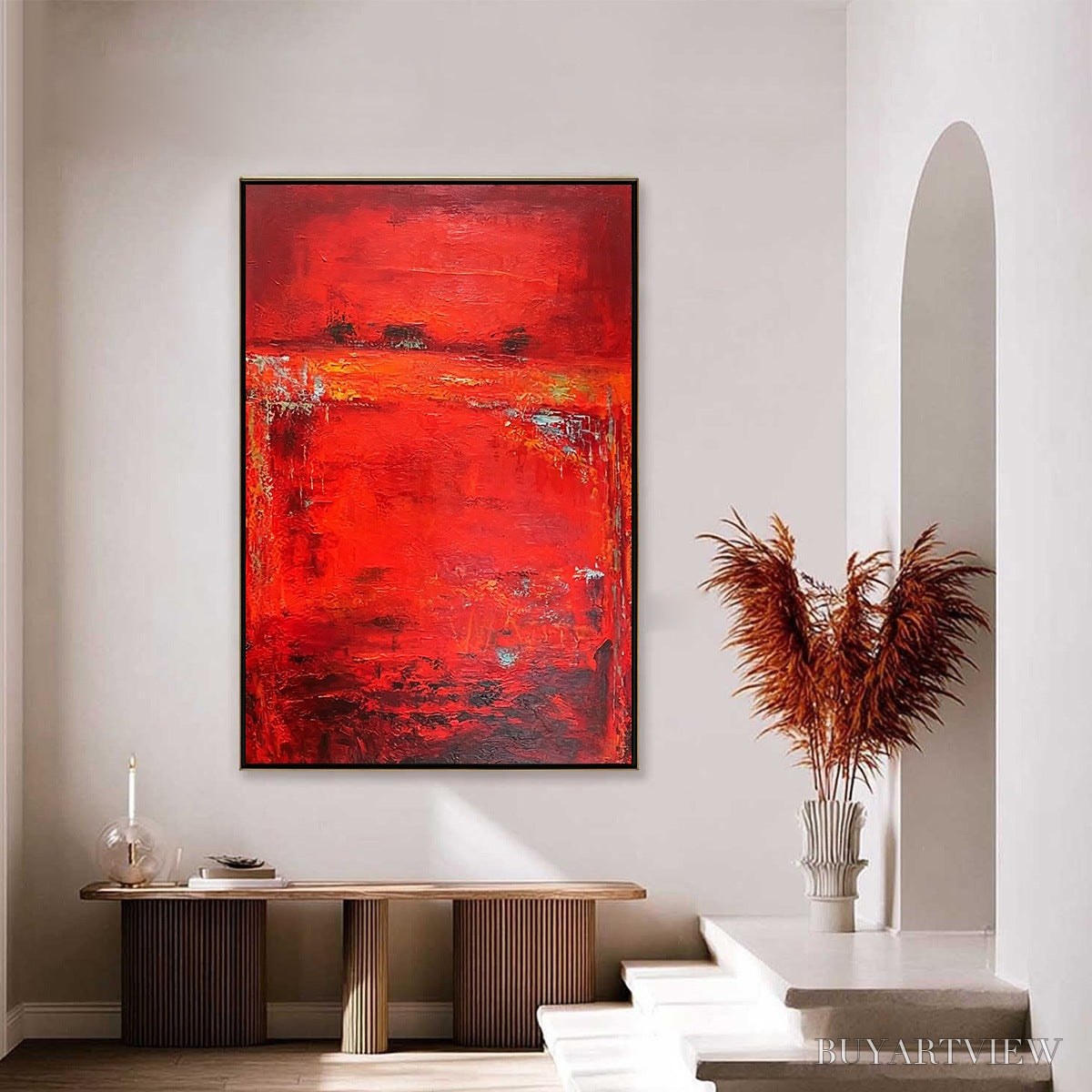 BUYARTVIEW Scarlet Horizon – Large Vertical Red Abstract Textured Oil Painting - image 4
