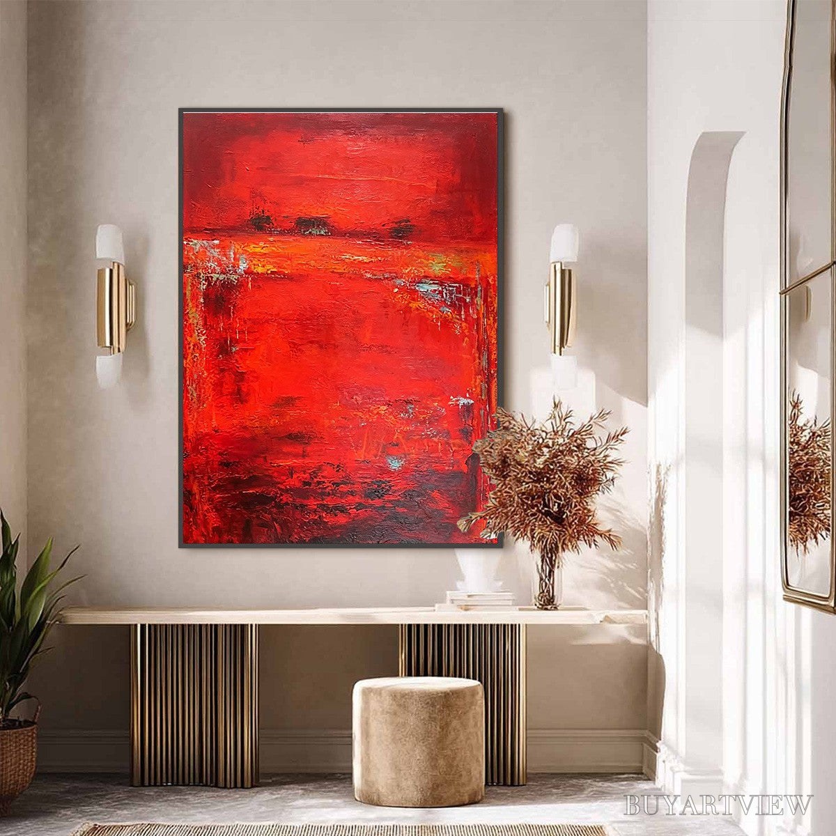 BUYARTVIEW Scarlet Horizon – Large Vertical Red Abstract Textured Oil Painting - image 6