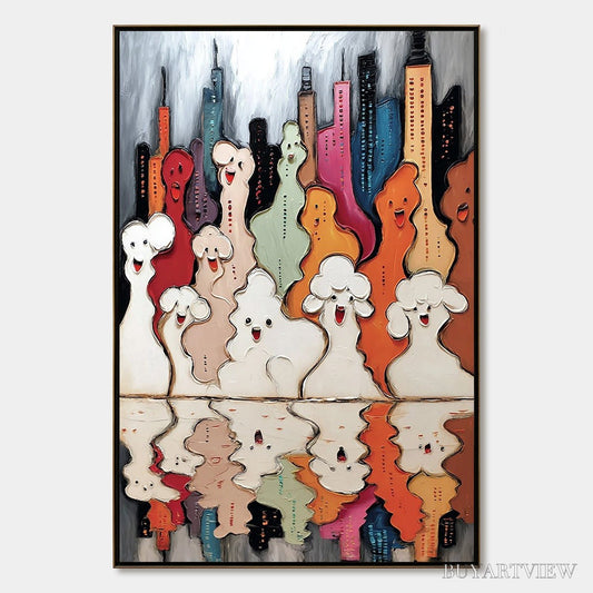 BUYARTVIEW Concrete Carnival – Textured Abstract Cityscape Painting with Whimsical Figures - image 1