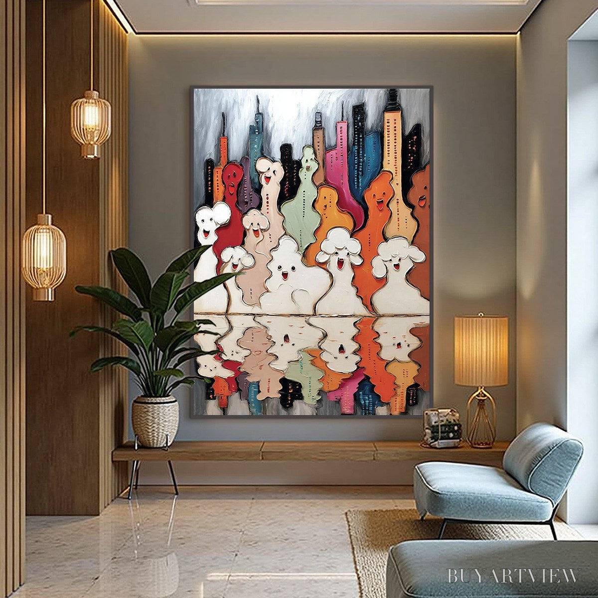 BUYARTVIEW Concrete Carnival – Textured Abstract Cityscape Painting with Whimsical Figures - image 4