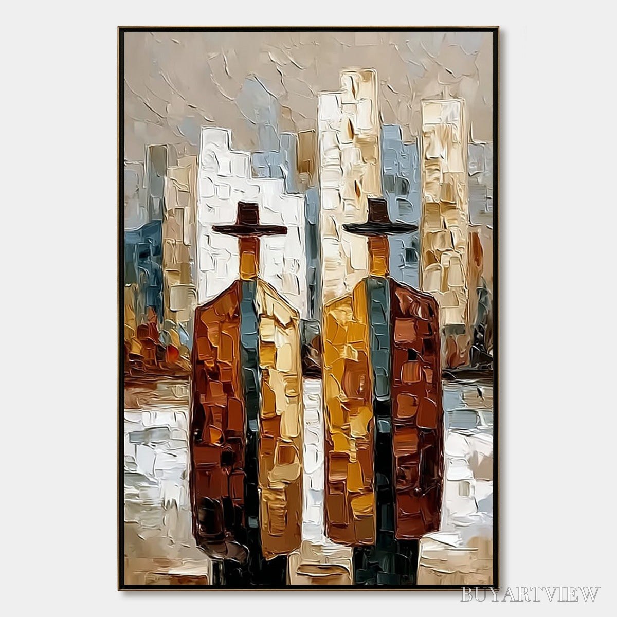 BUYARTVIEW Metropolis Duo – Textured Palette Knife Painting of Figures in a City - image 1