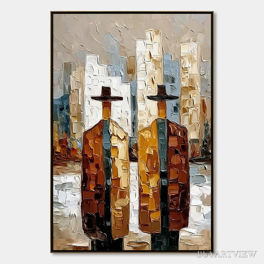 BUYARTVIEW Metropolis Duo – Textured Palette Knife Painting of Figures in a City - image 1