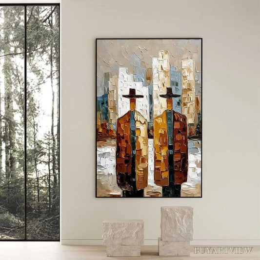 BUYARTVIEW Metropolis Duo – Textured Palette Knife Painting of Figures in a City - image 2
