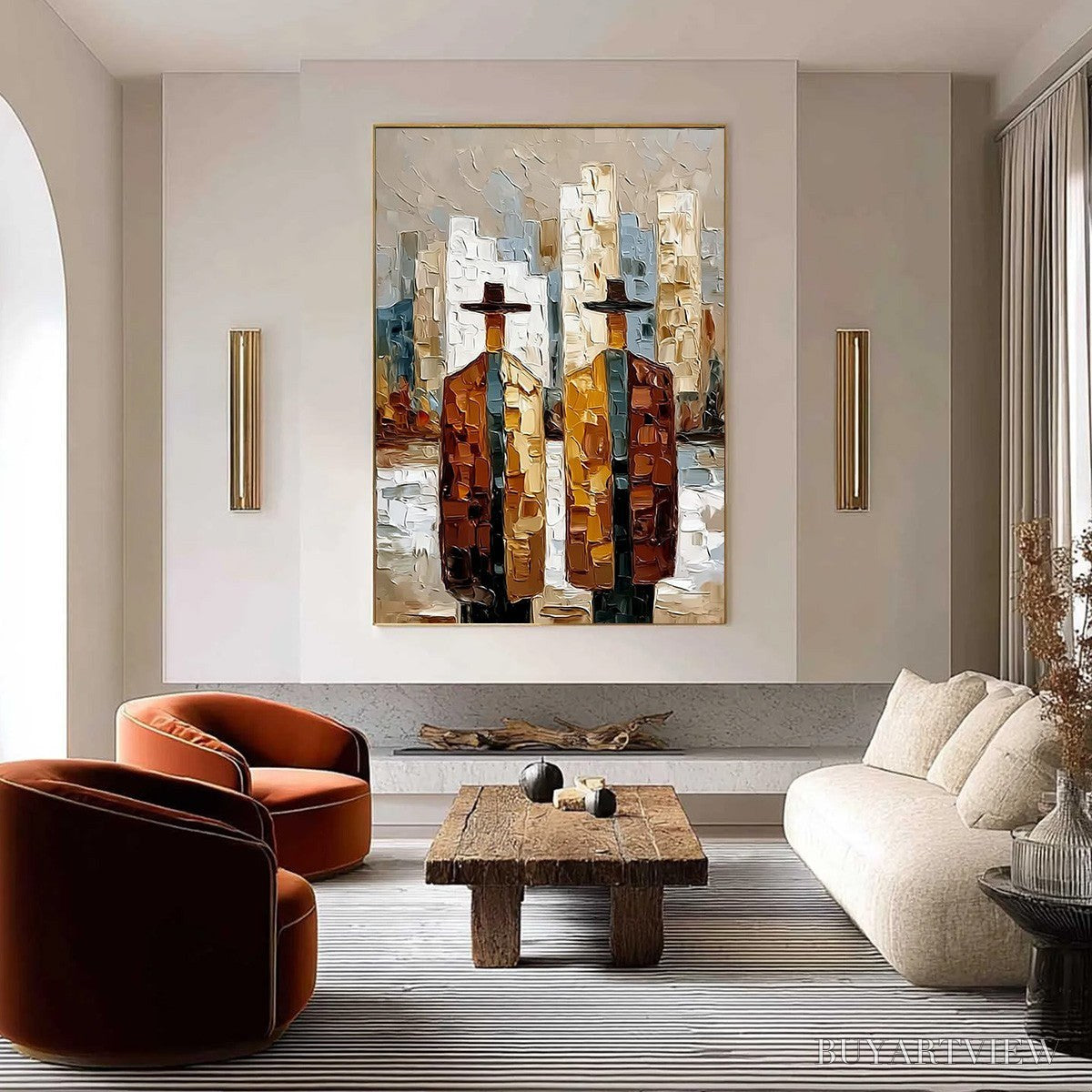 BUYARTVIEW Metropolis Duo – Textured Palette Knife Painting of Figures in a City - image 4