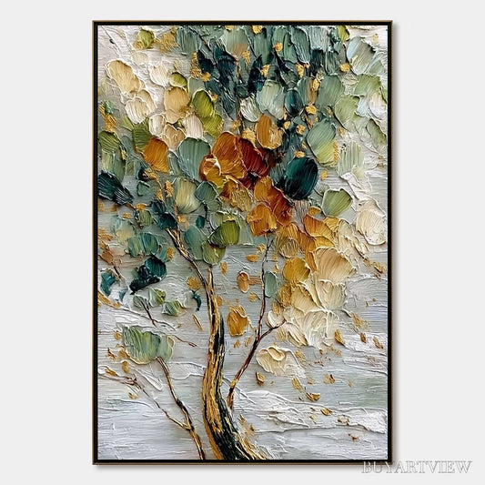 BUYARTVIEW Emerald Jewel Tree – Textured Palette Knife Tree Painting with Golden Accents - image 1