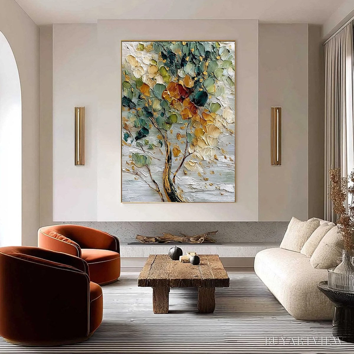BUYARTVIEW Emerald Jewel Tree – Textured Palette Knife Tree Painting with Golden Accents - image 2
