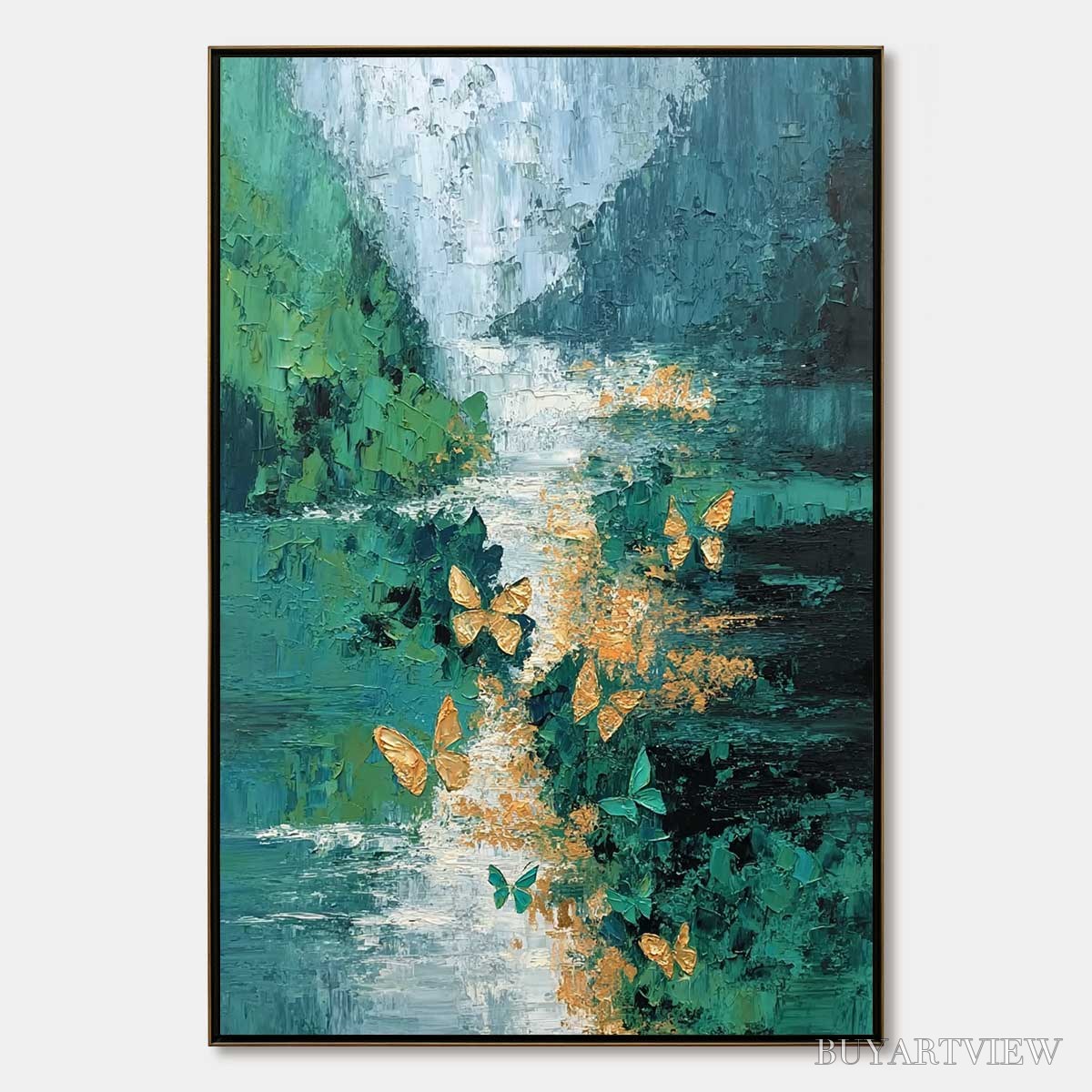 BUYARTVIEW Emergence – Textured Impasto River Painting with Golden Butterflies - image 1