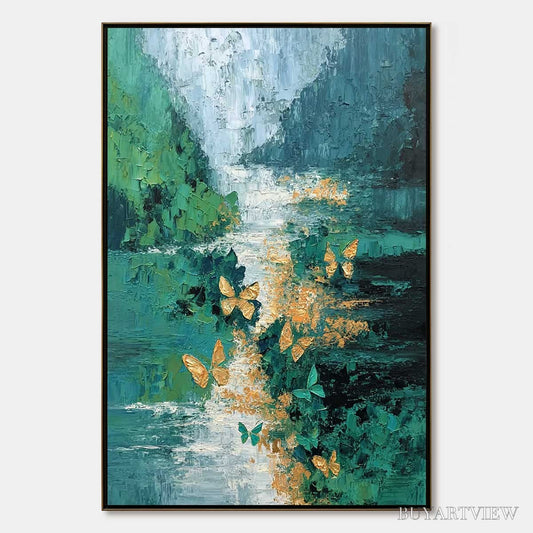 BUYARTVIEW Emergence – Textured Impasto River Painting with Golden Butterflies - image 1