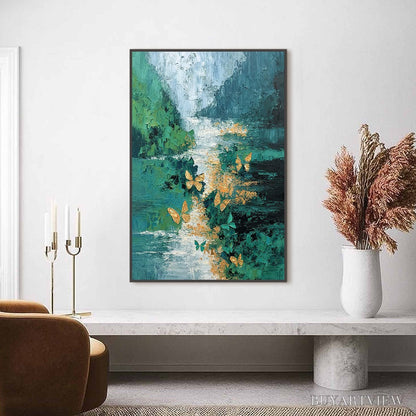 BUYARTVIEW Emergence – Textured Impasto River Painting with Golden Butterflies - image 2
