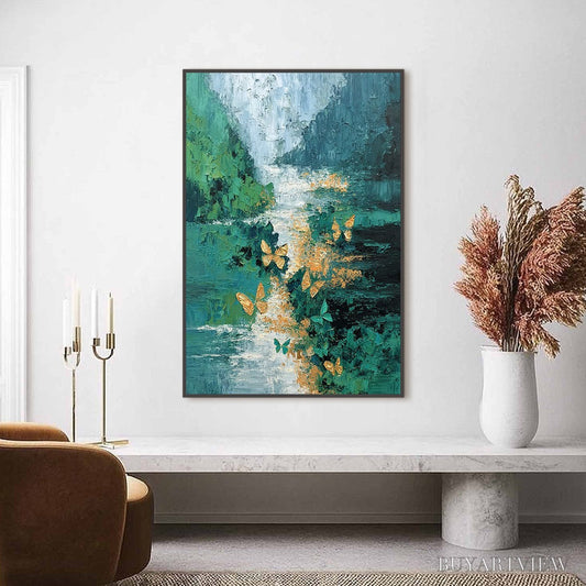 BUYARTVIEW Emergence – Textured Impasto River Painting with Golden Butterflies - image 2