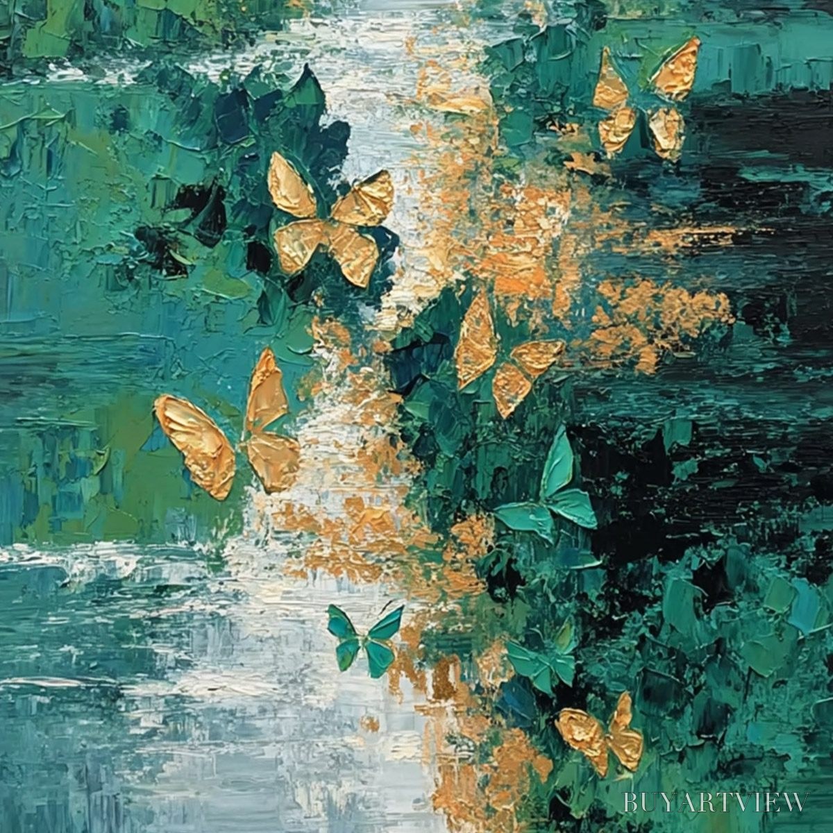 BUYARTVIEW Emergence – Textured Impasto River Painting with Golden Butterflies - image 3