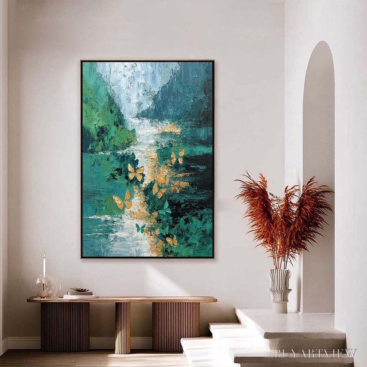 BUYARTVIEW Emergence – Textured Impasto River Painting with Golden Butterflies - image 4