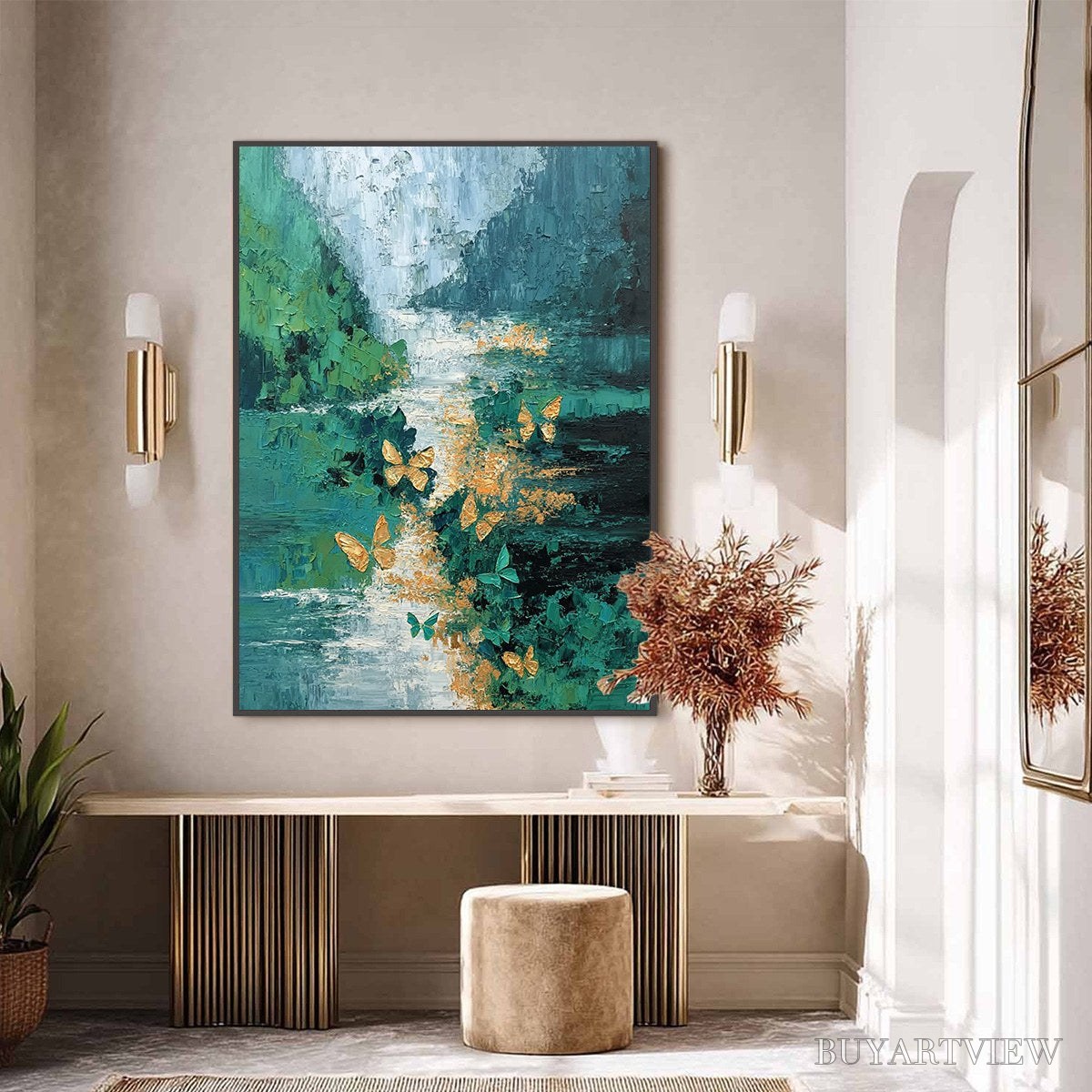 BUYARTVIEW Emergence – Textured Impasto River Painting with Golden Butterflies - image 6