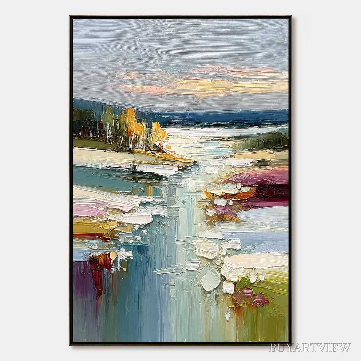 BUYARTVIEW Autumn Reflections – Textured Abstract River Landscape Painting - image 1