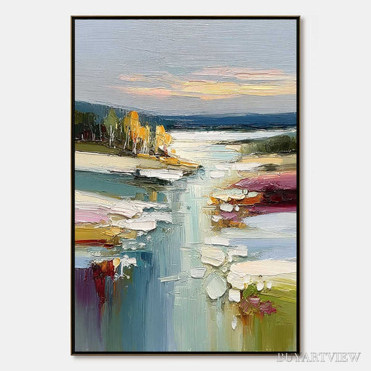 BUYARTVIEW Autumn Reflections – Textured Abstract River Landscape Painting - image 1