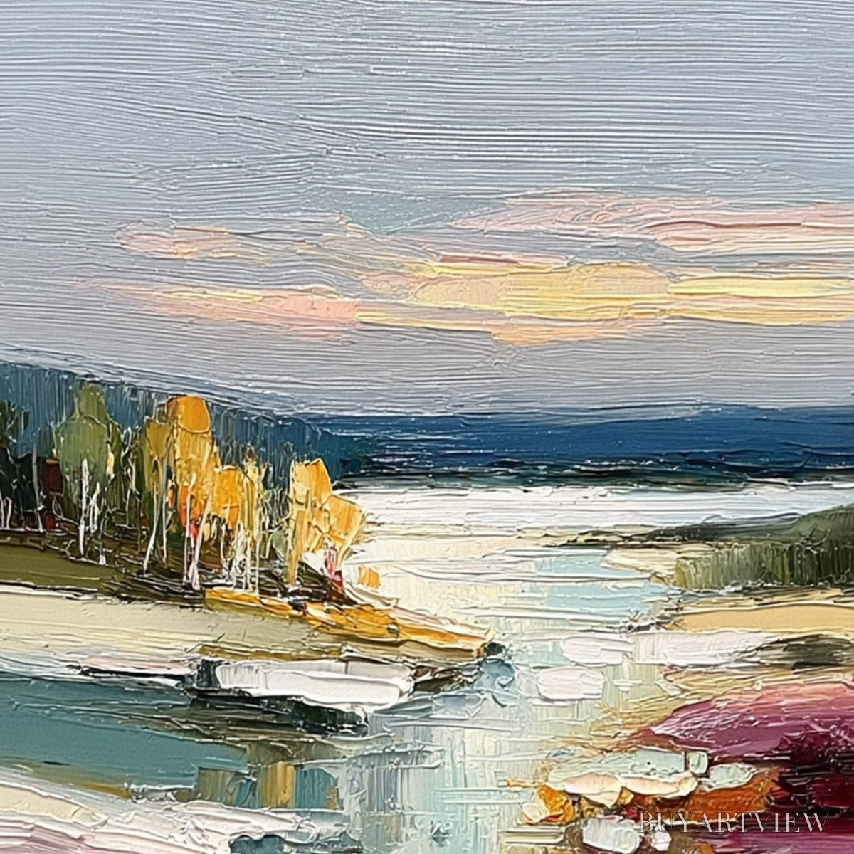 BUYARTVIEW Autumn Reflections – Textured Abstract River Landscape Painting - image 3
