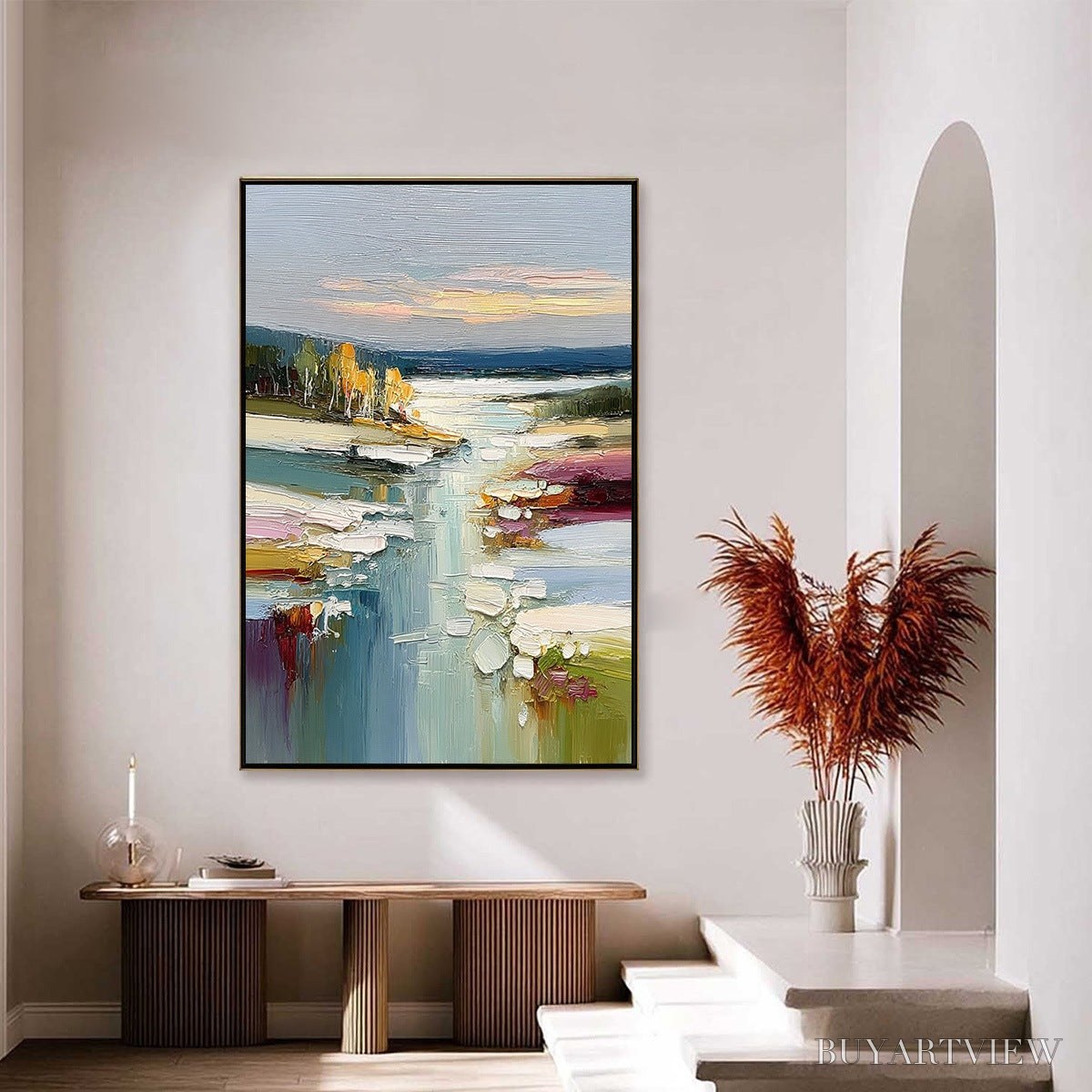BUYARTVIEW Autumn Reflections – Textured Abstract River Landscape Painting - image 4