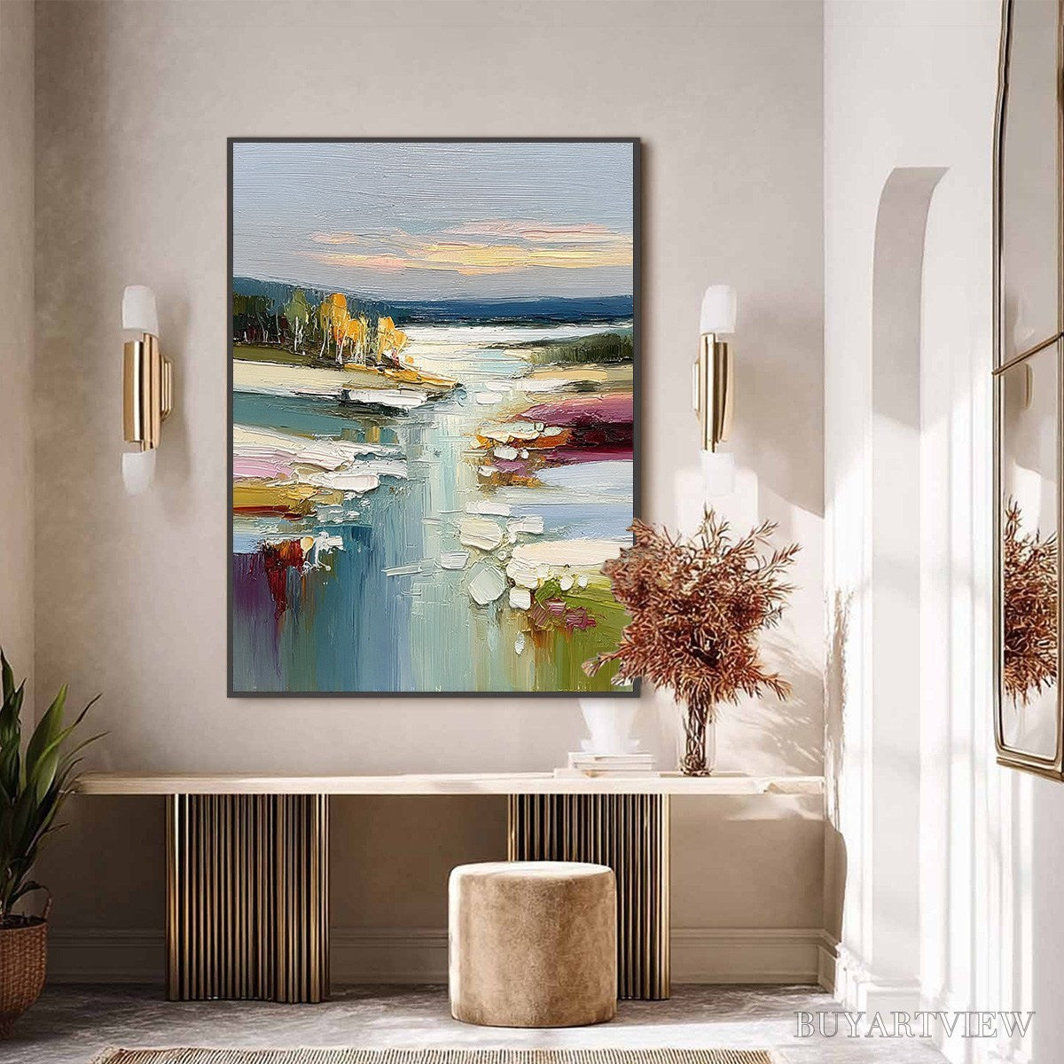 BUYARTVIEW Autumn Reflections – Textured Abstract River Landscape Painting - image 6