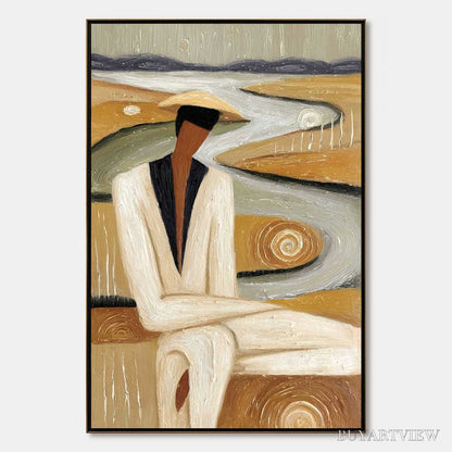 BUYARTVIEW Earthen Contemplation – Textured Figurative Art of a Man in a Serene Landscape - image 1