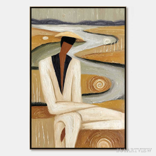 BUYARTVIEW Earthen Contemplation – Textured Figurative Art of a Man in a Serene Landscape - image 1