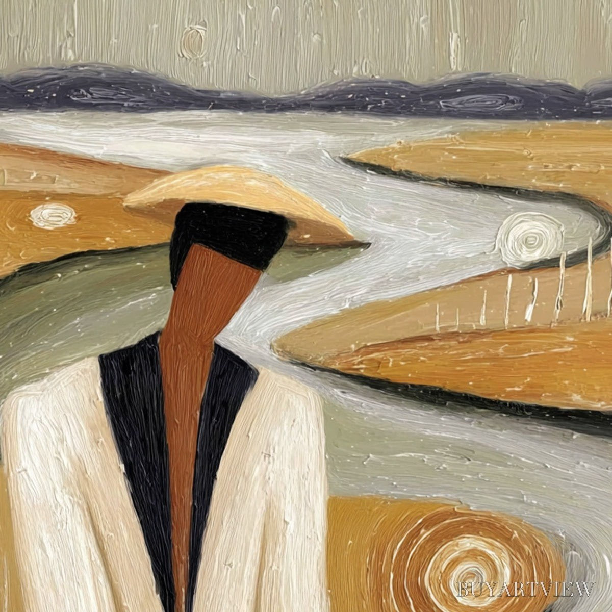 BUYARTVIEW Earthen Contemplation – Textured Figurative Art of a Man in a Serene Landscape - image 3