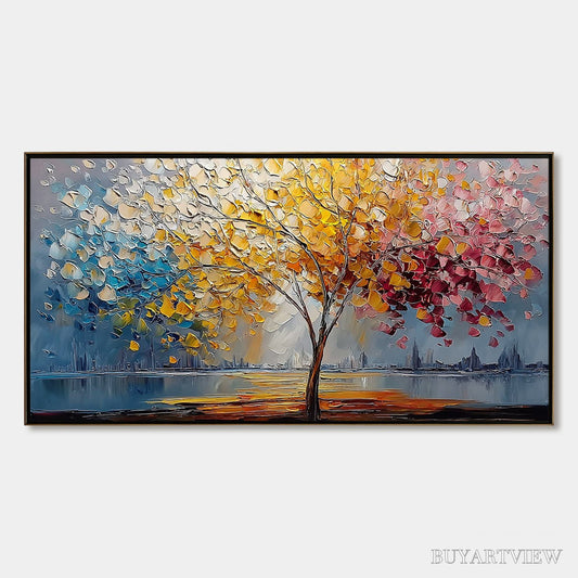 BUYARTVIEW Vibrant Horizon – Textured Palette Knife Tree of Life Landscape Painting - image 1