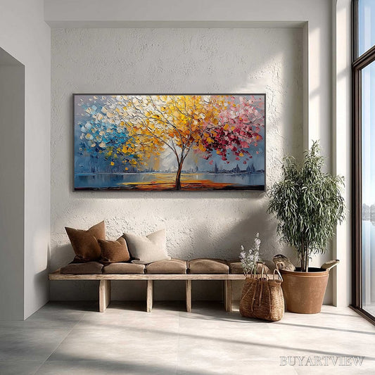BUYARTVIEW Vibrant Horizon – Textured Palette Knife Tree of Life Landscape Painting - image 2