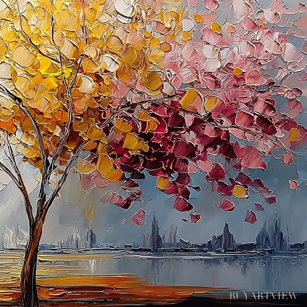 BUYARTVIEW Vibrant Horizon – Textured Palette Knife Tree of Life Landscape Painting - image 5