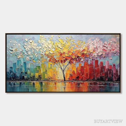 BUYARTVIEW Urban Bloom – Colorful Textured Impasto Cityscape Painting - image 1