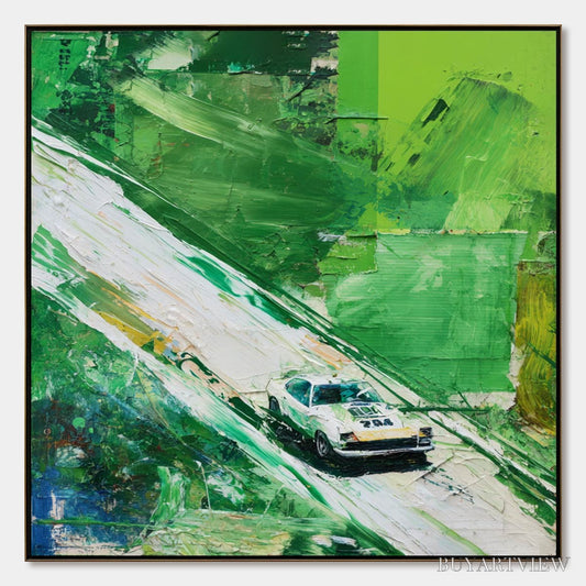 BUYARTVIEW Emerald Rush – Textured Sports Car Racing Impasto Oil Painting - image 1