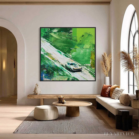 BUYARTVIEW Emerald Rush – Textured Sports Car Racing Impasto Oil Painting - image 2