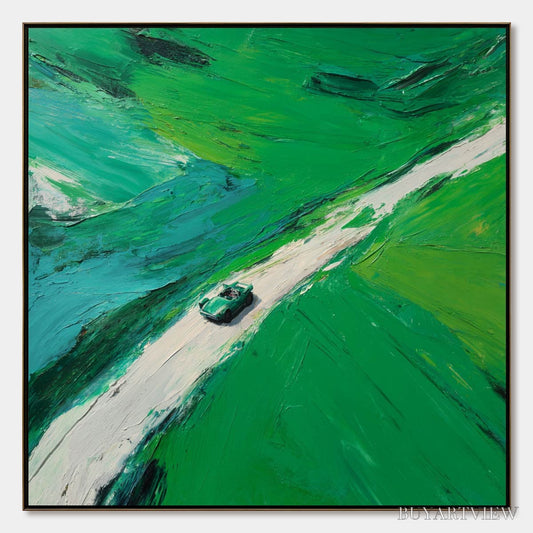 BUYARTVIEW Emerald Escape – Textured Aerial View Painting of a Vintage Sports Car - image 1
