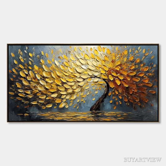 BUYARTVIEW Golden Cascade – Textured Palette Knife Impasto Tree Painting - image 1