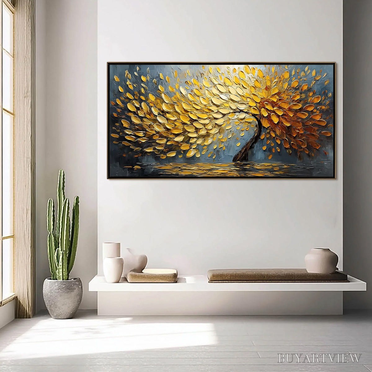 BUYARTVIEW Golden Cascade – Textured Palette Knife Impasto Tree Painting - image 4