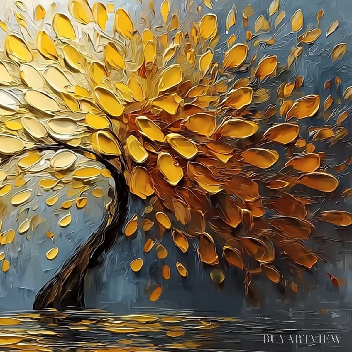 BUYARTVIEW Golden Cascade – Textured Palette Knife Impasto Tree Painting - image 5