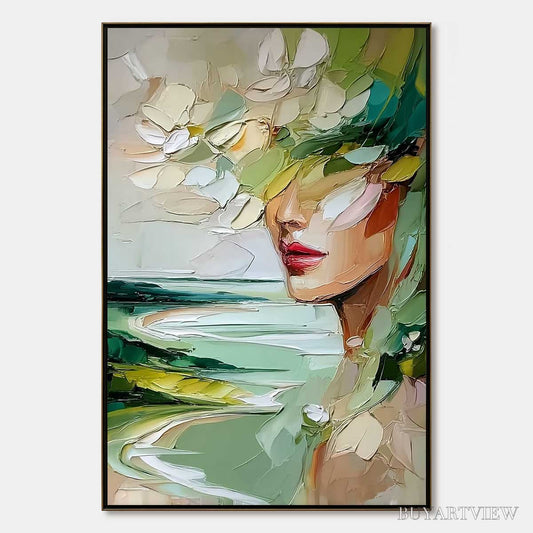 BUYARTVIEW Verdant Reverie – Textured Palette Knife Abstract Portrait Painting - image 1