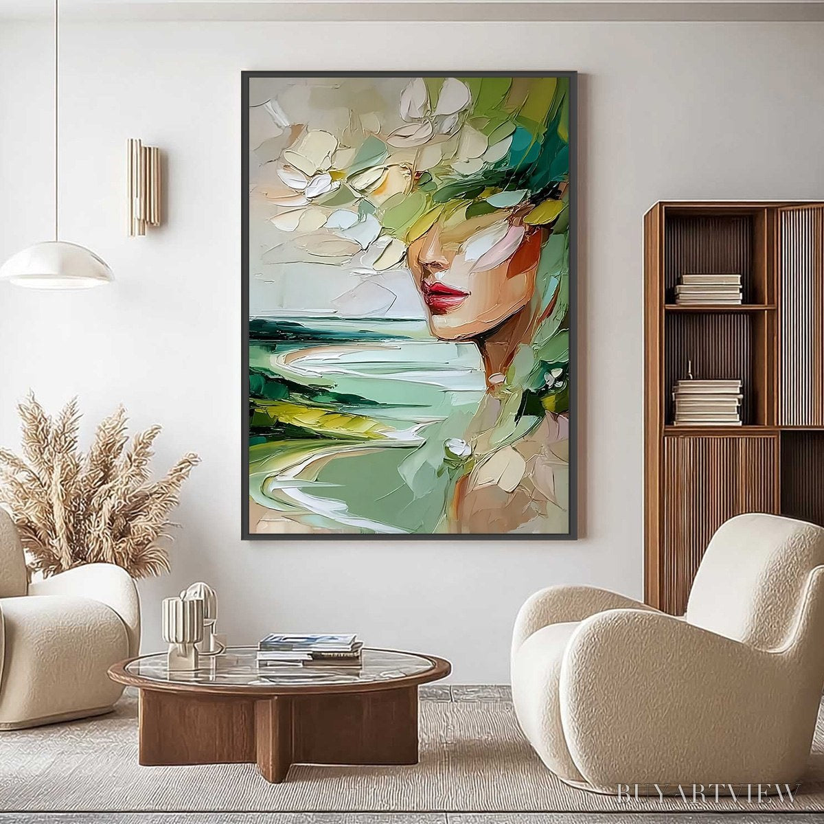 BUYARTVIEW Verdant Reverie – Textured Palette Knife Abstract Portrait Painting - image 2
