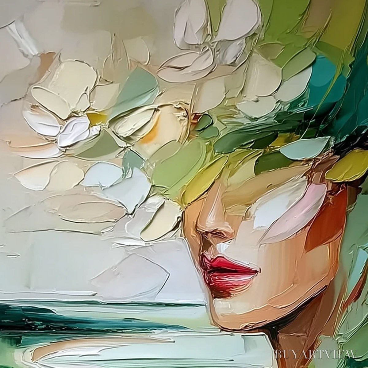 BUYARTVIEW Verdant Reverie – Textured Palette Knife Abstract Portrait Painting - image 3
