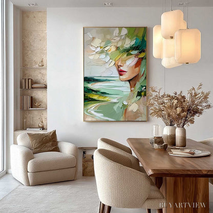 BUYARTVIEW Verdant Reverie – Textured Palette Knife Abstract Portrait Painting - image 4