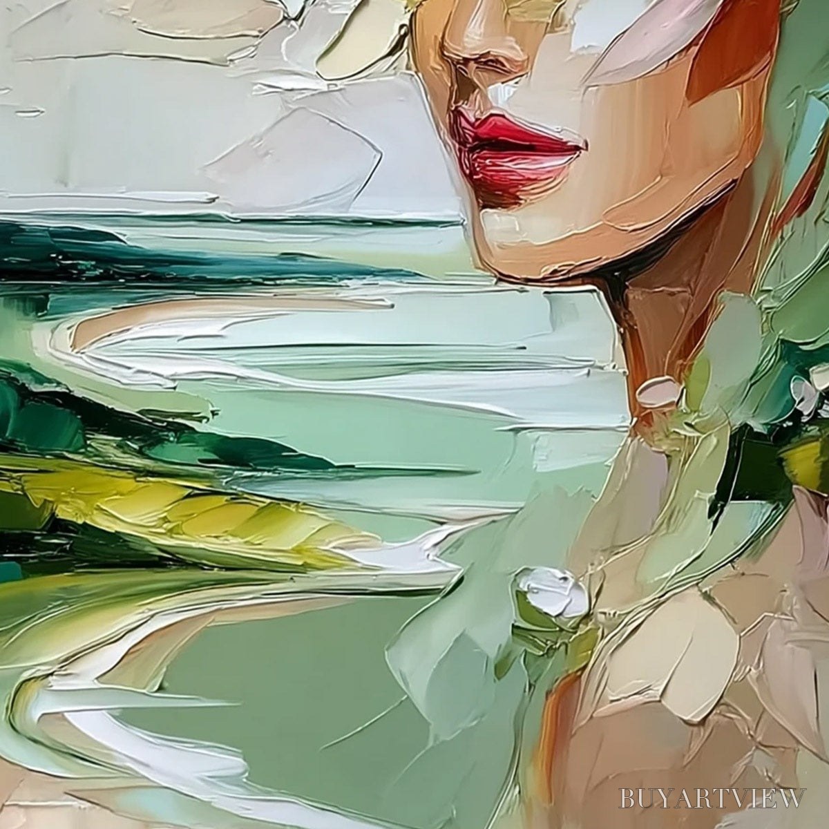 BUYARTVIEW Verdant Reverie – Textured Palette Knife Abstract Portrait Painting - image 5