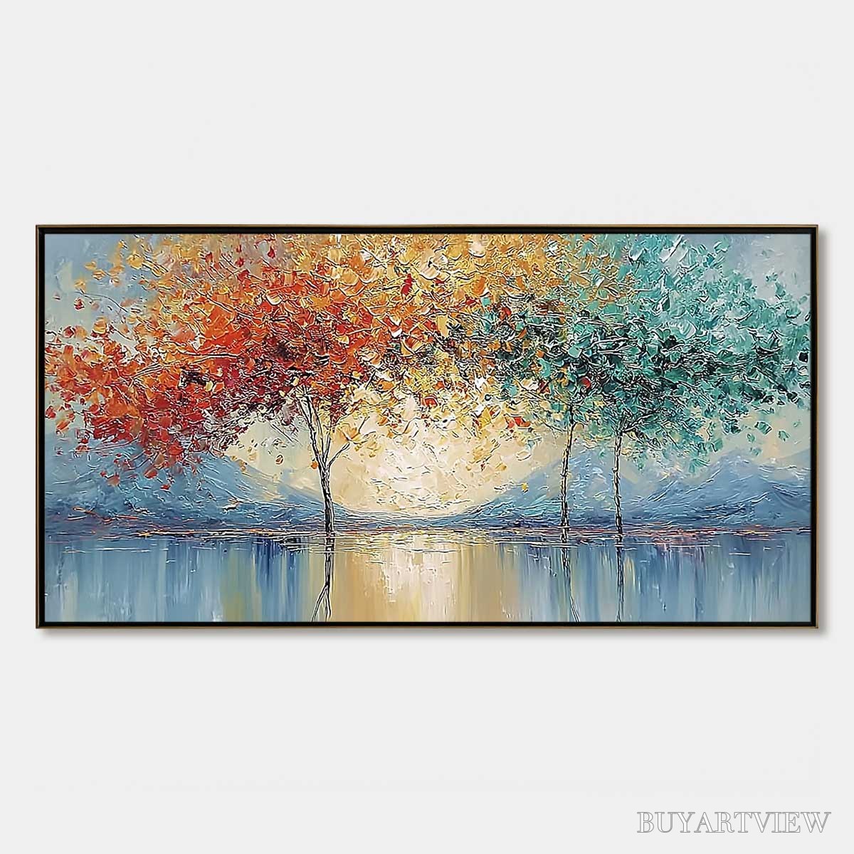 BUYARTVIEW Ember and Jade – Textured Long Horizontal Landscape Painting of Trees - image 1