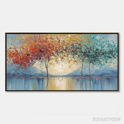 BUYARTVIEW Ember and Jade – Textured Long Horizontal Landscape Painting of Trees - image 1