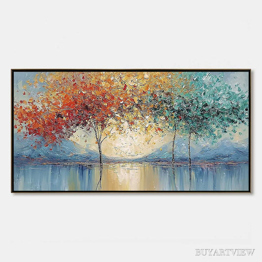 BUYARTVIEW Ember and Jade – Textured Long Horizontal Landscape Painting of Trees - image 1