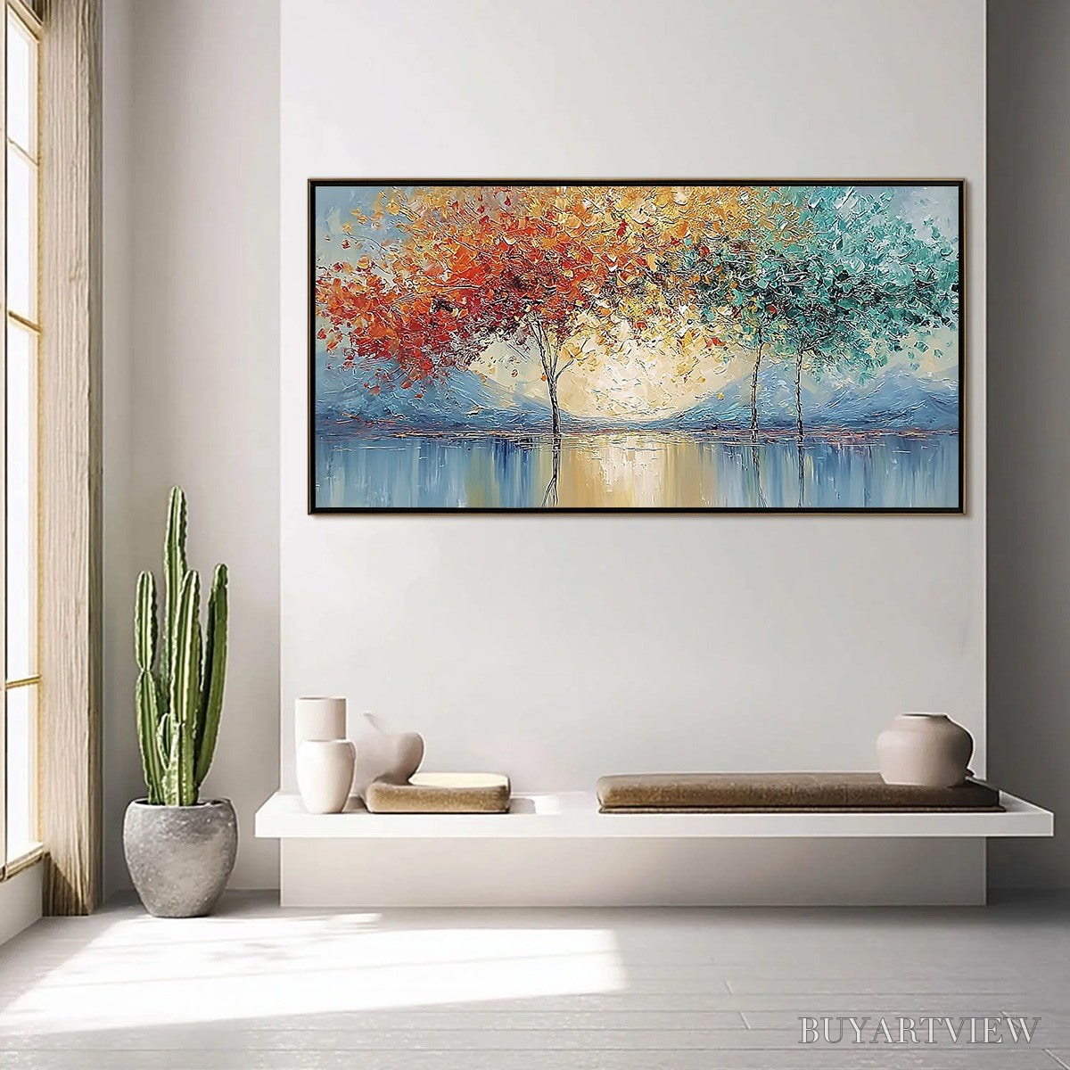 BUYARTVIEW Ember and Jade – Textured Long Horizontal Landscape Painting of Trees - image 4