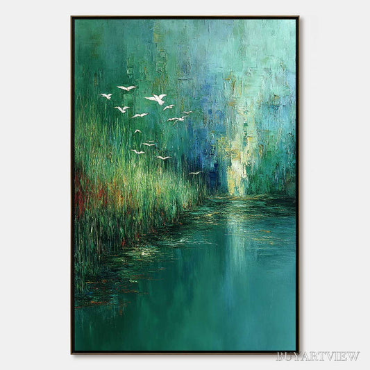BUYARTVIEW Emerald Flight – Textured Abstract Landscape Painting of Birds Over a Marsh - image 1