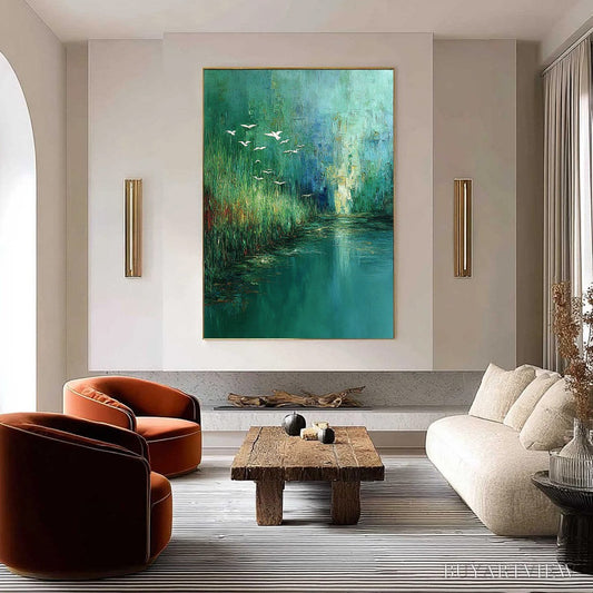 BUYARTVIEW Emerald Flight – Textured Abstract Landscape Painting of Birds Over a Marsh - image 2