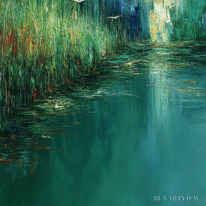 BUYARTVIEW Emerald Flight – Textured Abstract Landscape Painting of Birds Over a Marsh - image 3