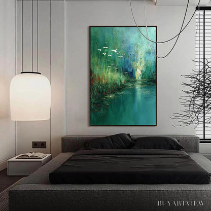 BUYARTVIEW Emerald Flight – Textured Abstract Landscape Painting of Birds Over a Marsh - image 4